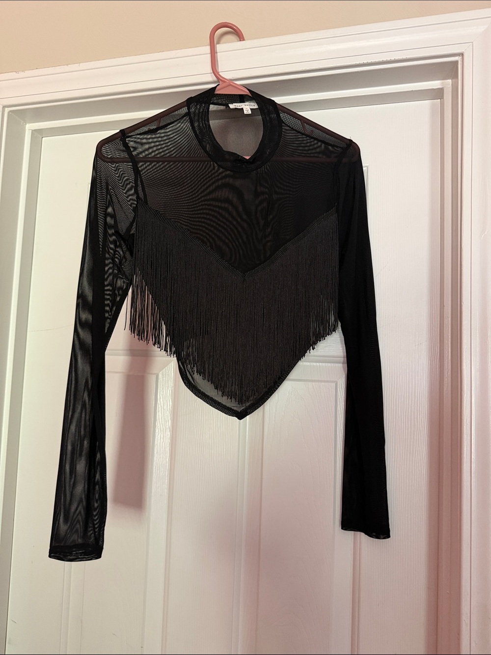 Bear Dance Black Mesh Fringe Long-Sleeve Crop Top